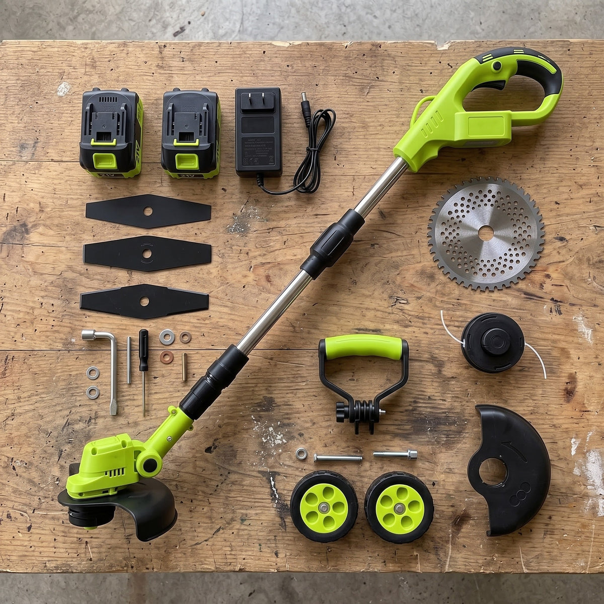 Everything in the box: tool, two batteries, charger, heads, wheels