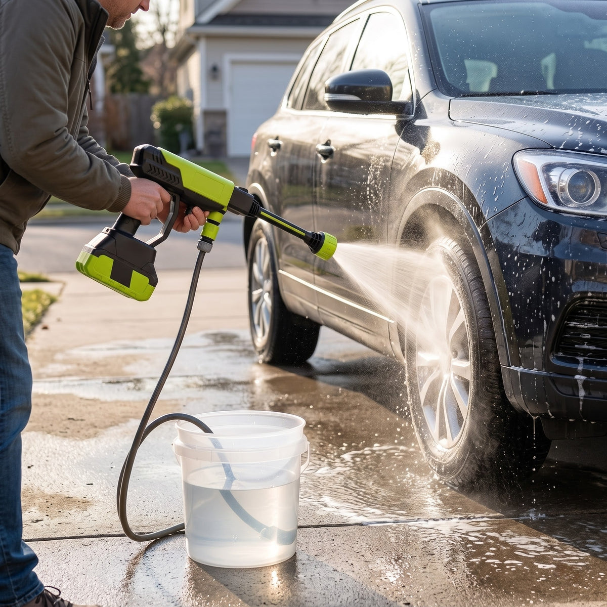 Drawing water from a bucket to wash the wheel