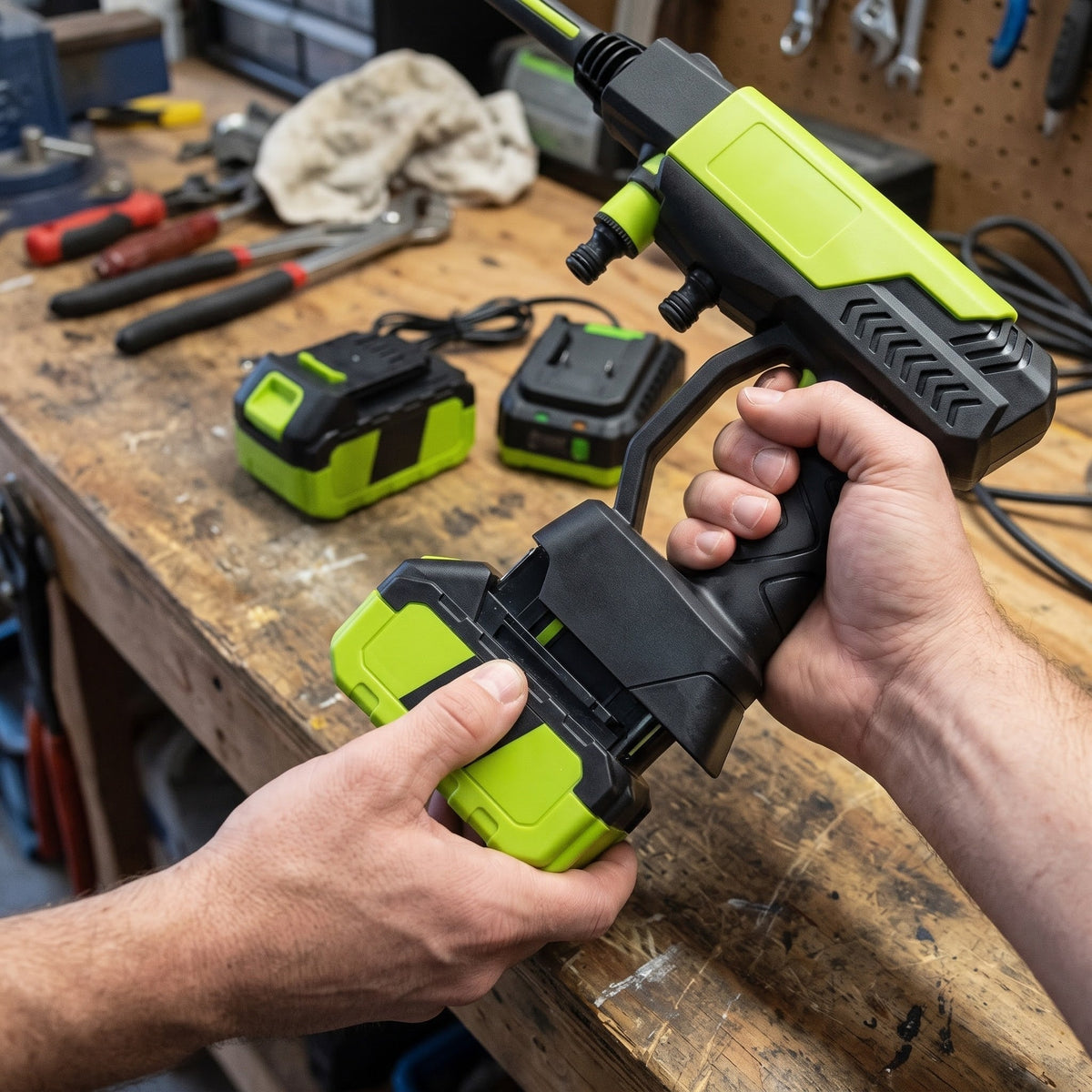 21V 4.0Ah battery clicks into the grip