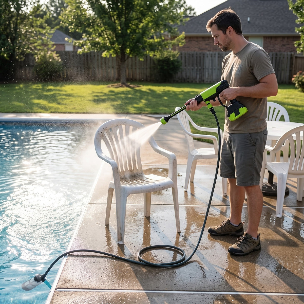 Drawing from the pool to rinse patio chairs