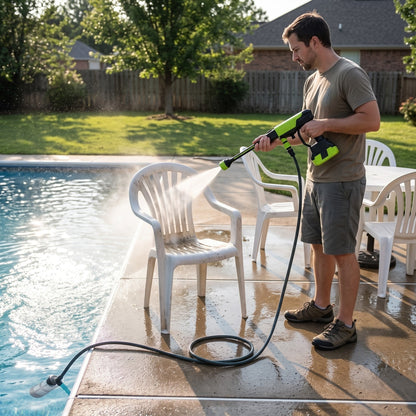 Drawing from the pool to rinse patio chairs