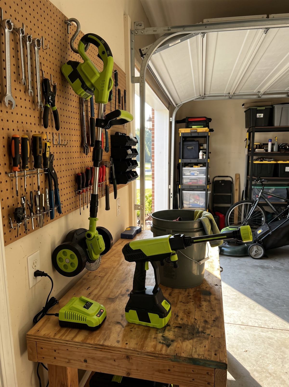 Trimmer-mower and cordless washer in the garage