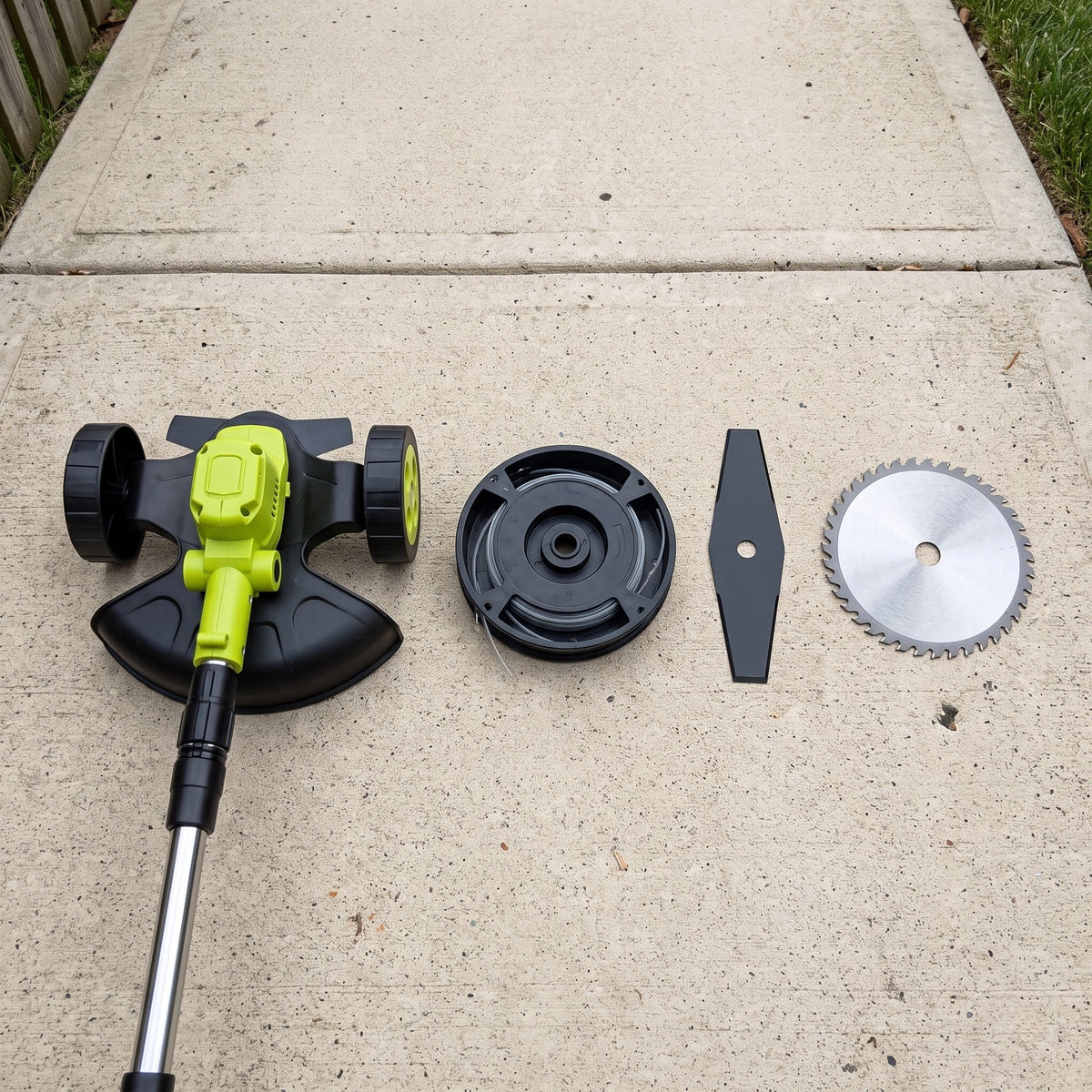 Three cutting heads: nylon line, steel blade, saw blade
