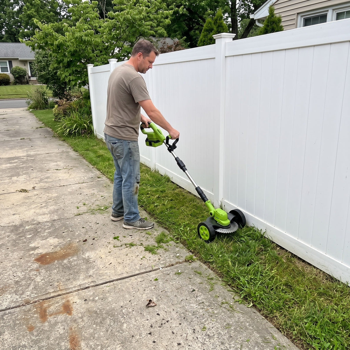 Trimming along a vinyl fence on wheels