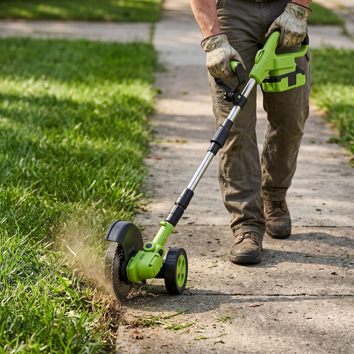 Edging the sidewalk with the guide wheel